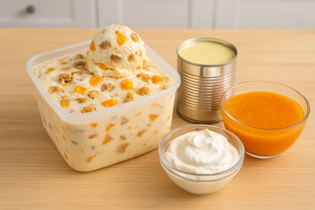 Pote de sorvete caseiro cremoso com pedaços de fruta e biscoitos ao lado de ingredientes típicos na cozinha