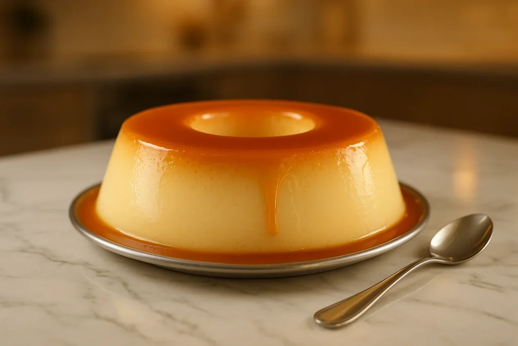 Rascunho automático de Pudim 4 Leites sobre bancada de mármore na cozinha, com calda dourada e colher de prata
