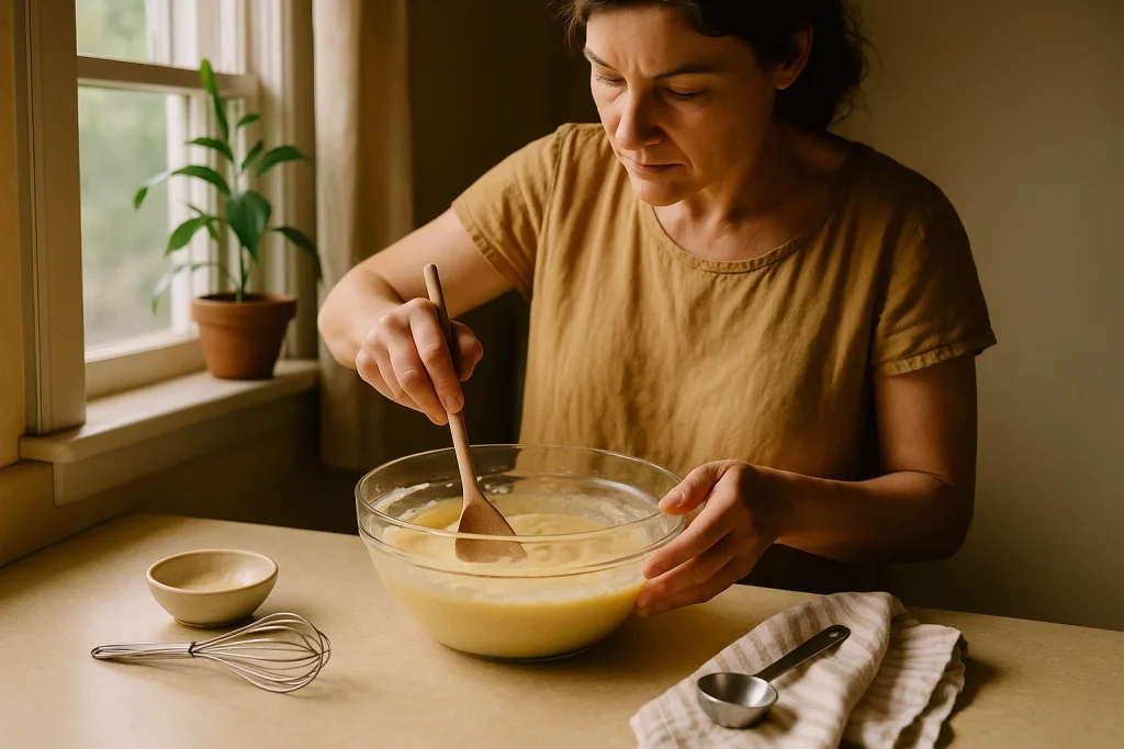 Cena de cozinha com pessoa preparando Bolo de Flocão de Milho Fofinho, luz natural e utensílios ao redor.